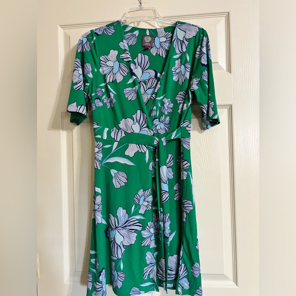 Vince Camuto Women's Wrap Green & Blue Floral Short Summer Dress Tie-Size 8